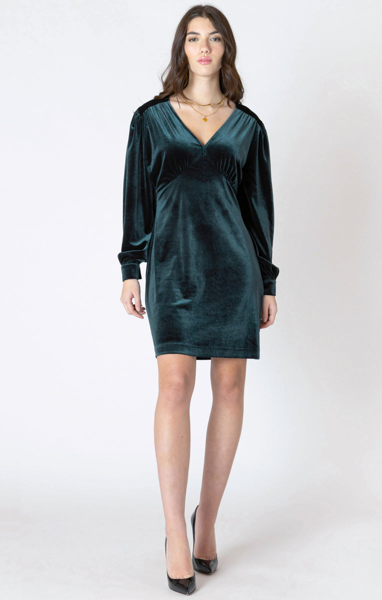 Dex Deep V-Neck Velvet Mini Dress In Pine