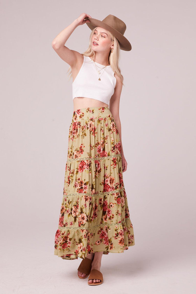 B.O.G Collective Gela Embroidered Midi Skirt in Moss