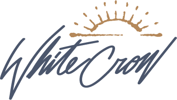 white crow dcript logo with sunset