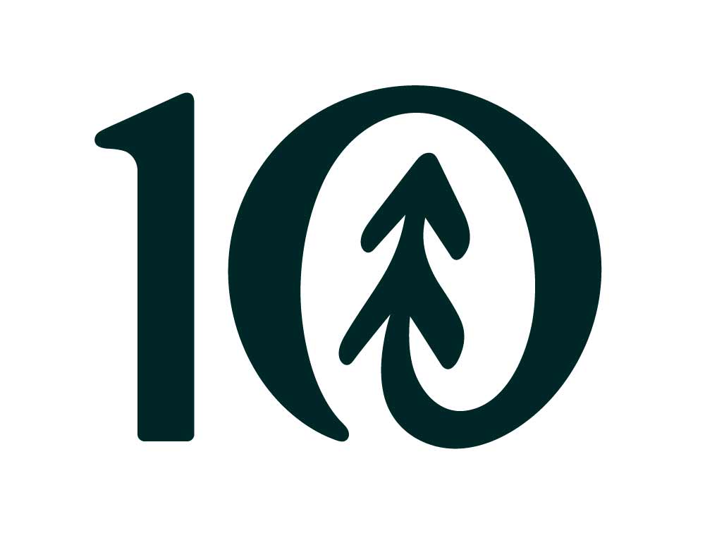 Tentree logo featuring the number '10', with a tree in the middle of the zero