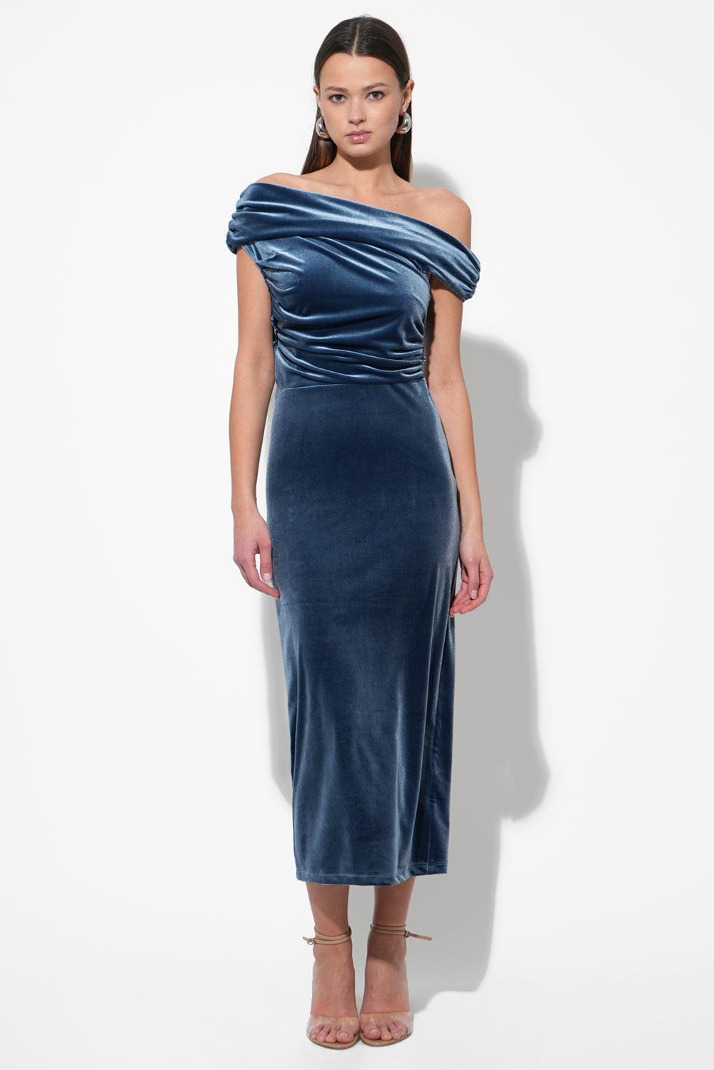 Adelyn Rae Casette Off Shoulder Velvet Midi Dress In Icy Blue | Free The Trendy Walrus Adelyn Rae Casette Off Shoulder Velvet Midi Dress In Icy Blue | Free The Trendy Walrus