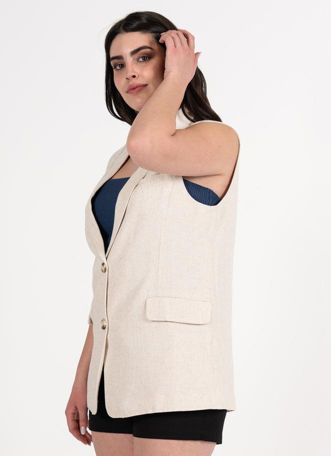 C'est Moi Linen Blend Relaxed One Button Blazer Vest In Natural-The Trendy Walrus