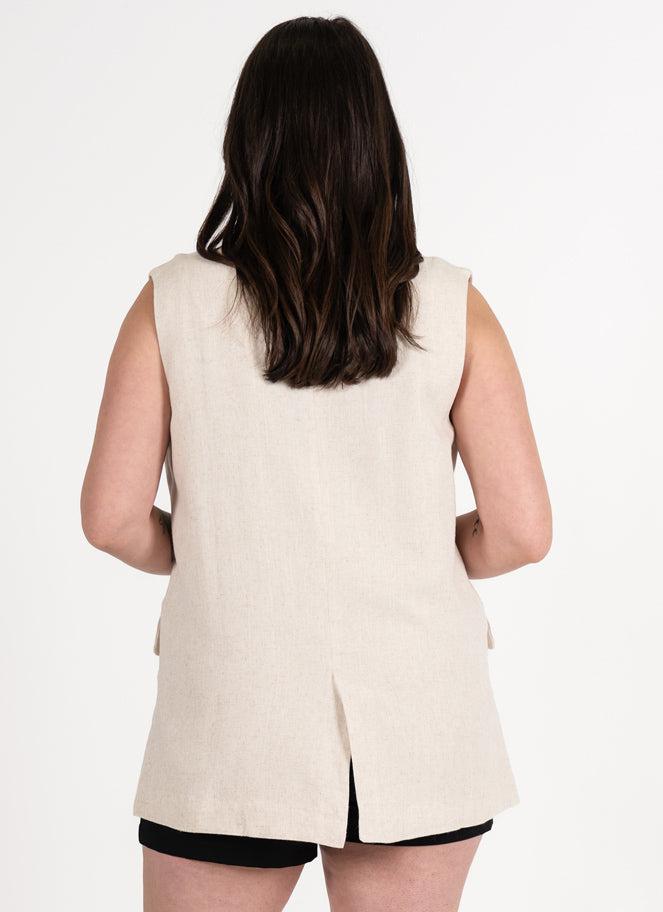 C'est Moi Linen Blend Relaxed One Button Blazer Vest In Natural-The Trendy Walrus