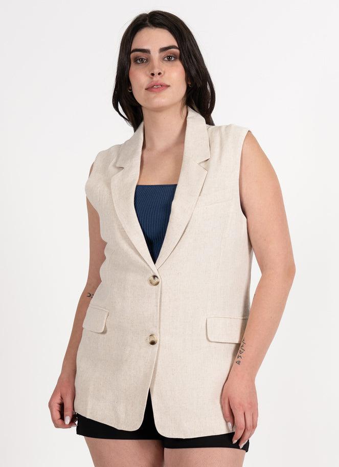 C'est Moi Linen Blend Relaxed One Button Blazer Vest In Natural-The Trendy Walrus