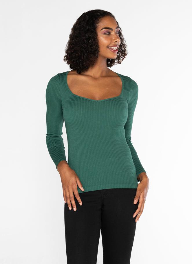 C'est Moi Seemless Ribbed LS Sweatheart Top In Pine-The Trendy Walrus