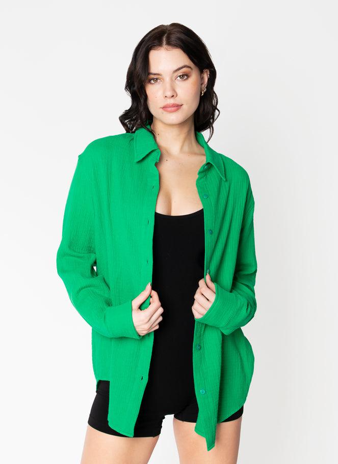 Cotton Button Front Blouse In Kelly Green-The Trendy Walrus