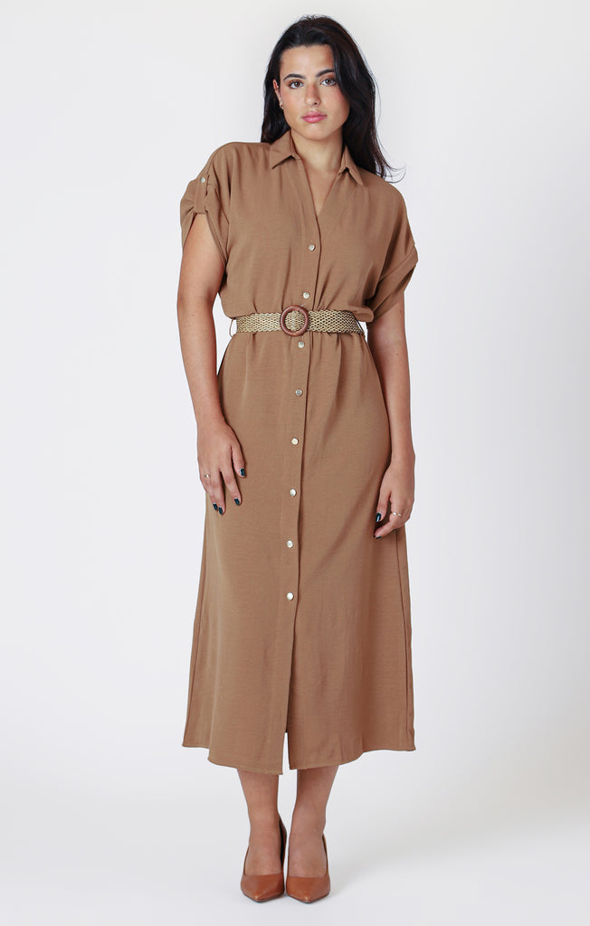 Dex Belted Shirt Dress In Bronze Brown-The Trendy Walrus