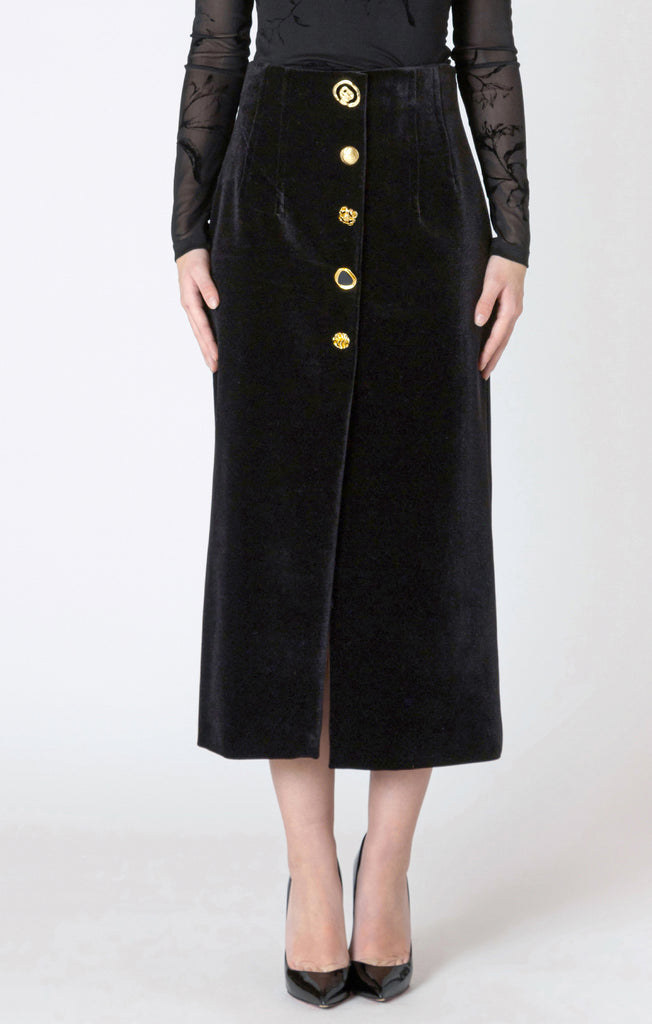 Dex Buttoned Velvet Skirt In Black-The Trendy Walrus