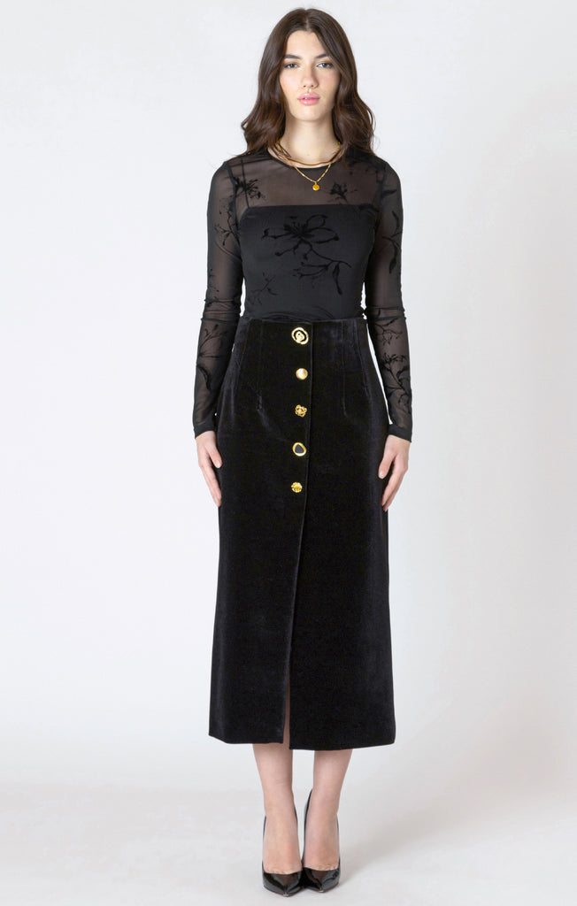 Dex Buttoned Velvet Skirt In Black-The Trendy Walrus