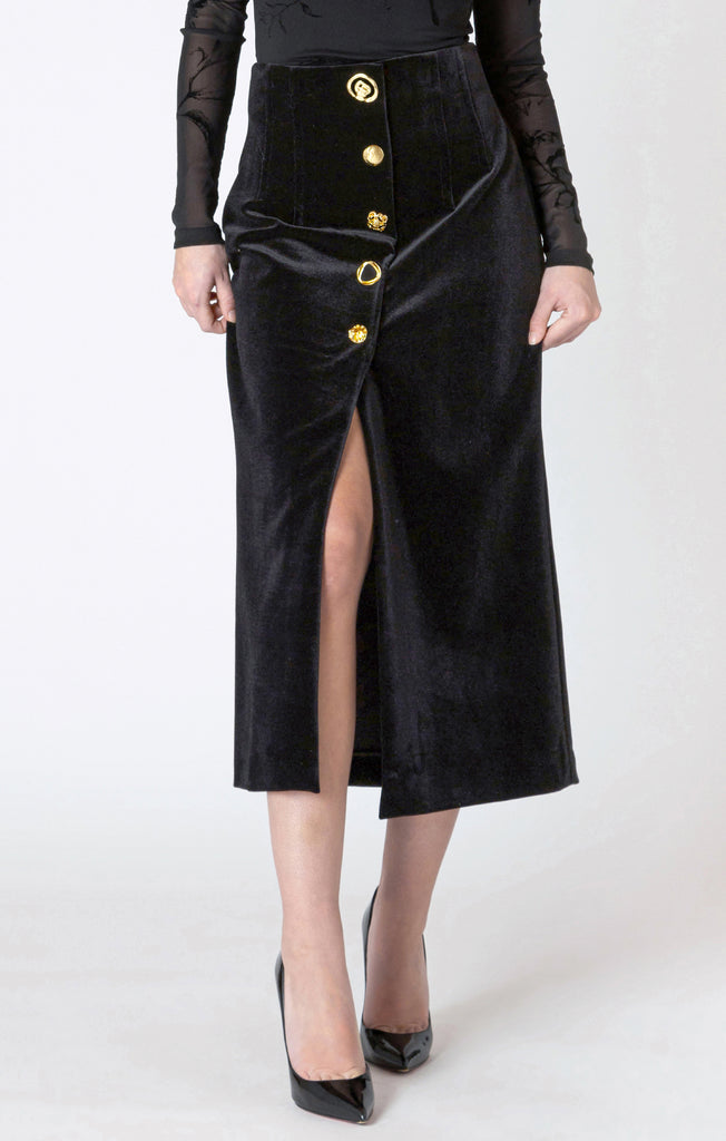 Dex Buttoned Velvet Skirt In Black-The Trendy Walrus