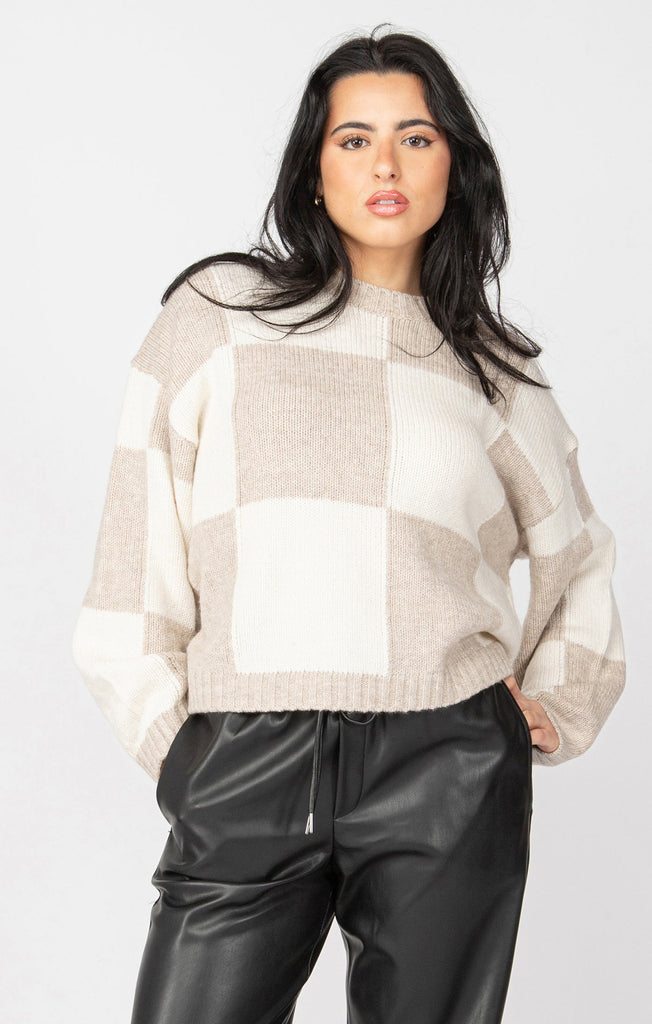 Dex Color Block Sweater In Oat/Camel Check-The Trendy Walrus