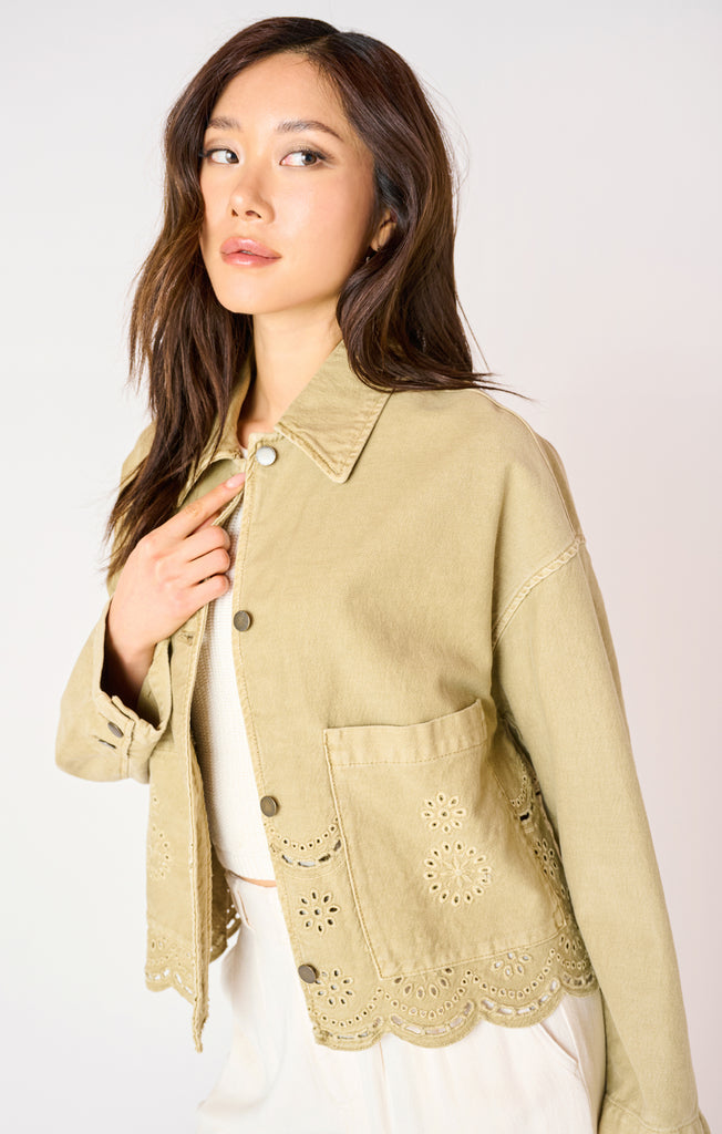 Dex Denim Eyelet Detail Jacket In Light Sage Wash-The Trendy Walrus