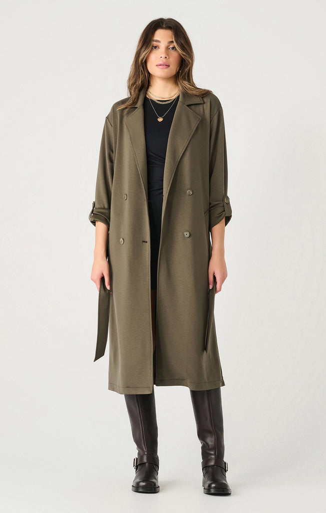 Dex Double Breasted Knit Trench In Deep Olive-The Trendy Walrus