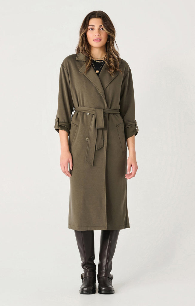 Dex Double Breasted Knit Trench In Deep Olive-The Trendy Walrus