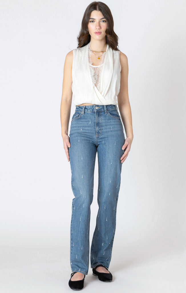 Dex Embellished Straight Leg Denim Pant In Blue Wash Rhinestone-The Trendy Walrus