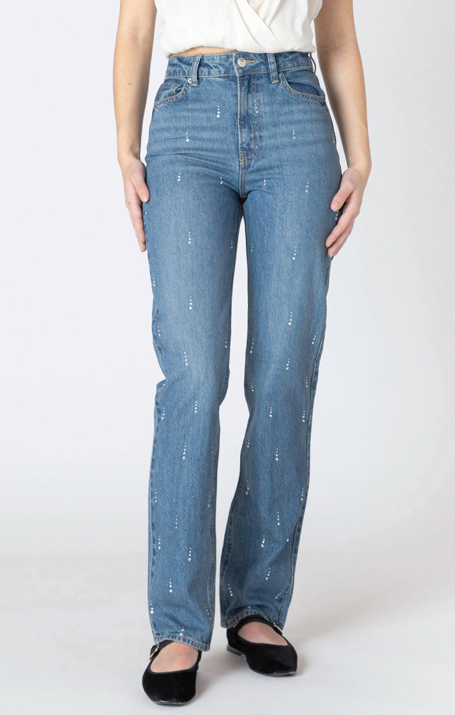 Dex Embellished Straight Leg Denim Pant In Blue Wash Rhinestone-The Trendy Walrus