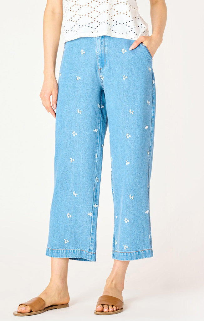 Dex Embroidered Wide Leg Ankle Pant In Light Blue Wash-The Trendy Walrus