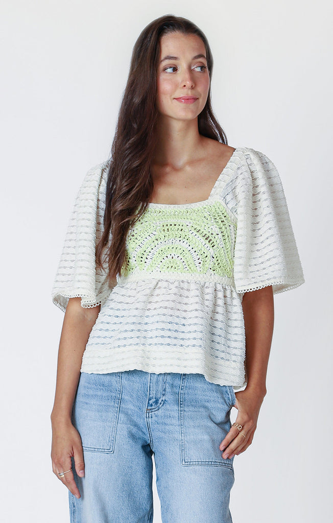 Dex Flutter Sleeve Crochet Top On Ivory/Lime-The Trendy Walrus