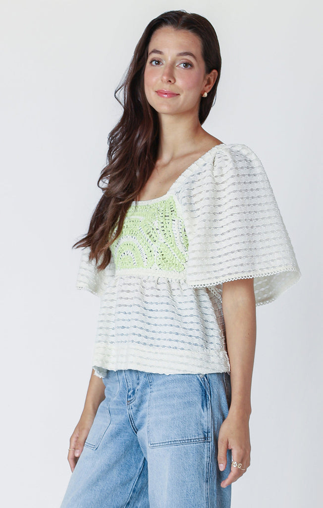 Dex Flutter Sleeve Crochet Top On Ivory/Lime-The Trendy Walrus