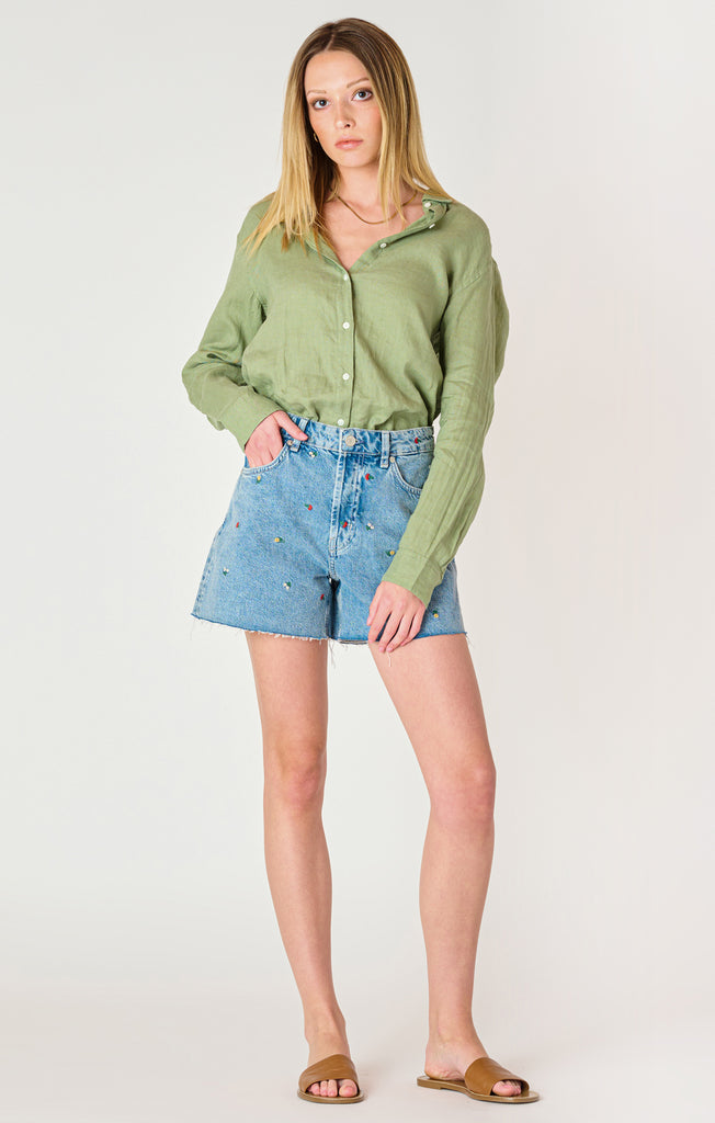 Dex Frayed Hem Embroidered Denim Shorts-The Trendy Walrus