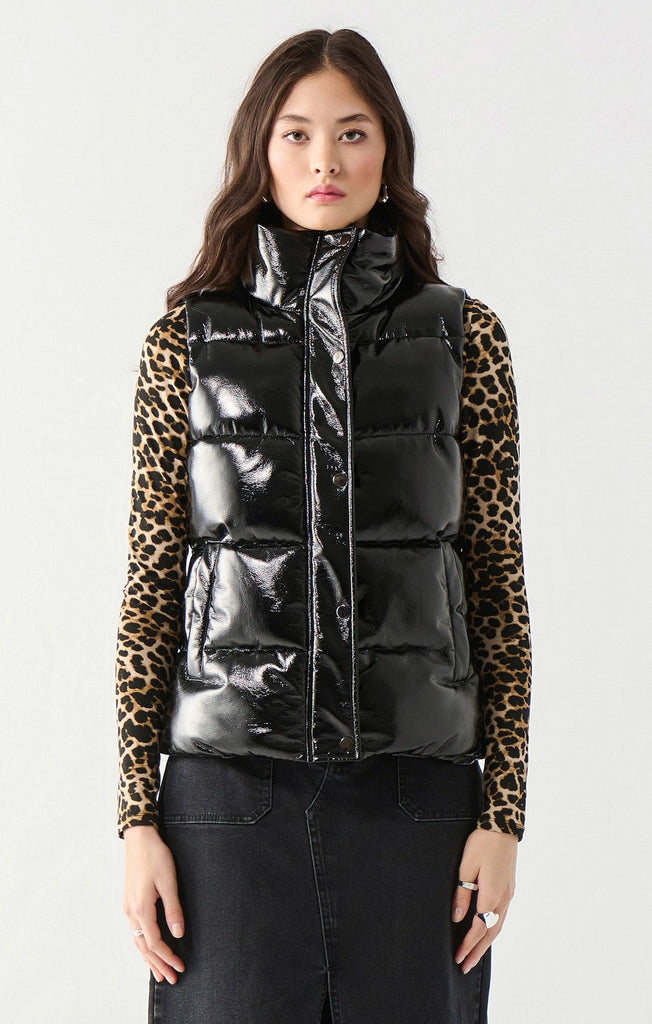 Dex Hooded Faux Leather Puffer Vest In Black-The Trendy Walrus