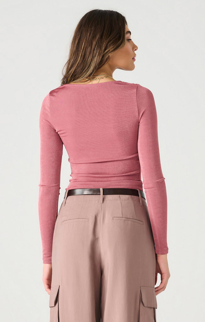 Dex Long Sleeve Draped Sheen Top In Dusty Rose Sheen-The Trendy Walrus