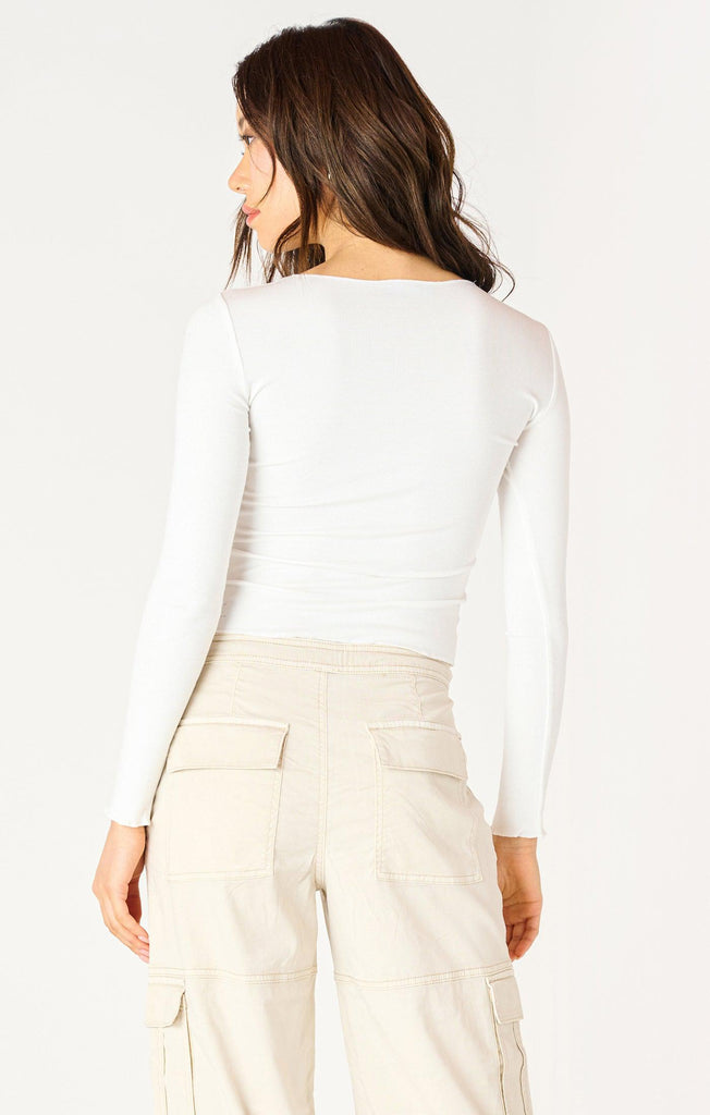 Dex Long-Sleeved Exposed Seam Top In White-The Trendy Walrus