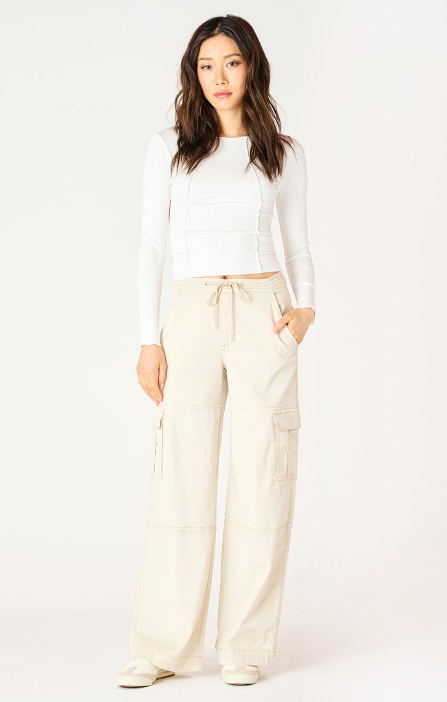 Dex Long-Sleeved Exposed Seam Top In White-The Trendy Walrus