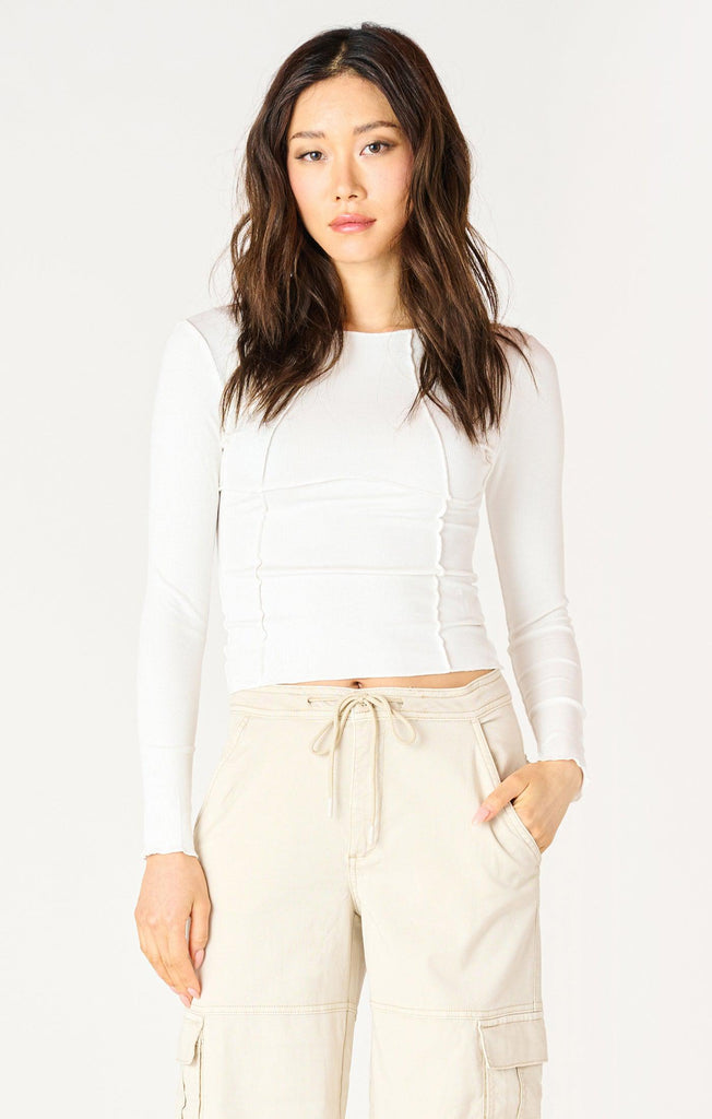 Dex Long-Sleeved Exposed Seam Top In White-The Trendy Walrus