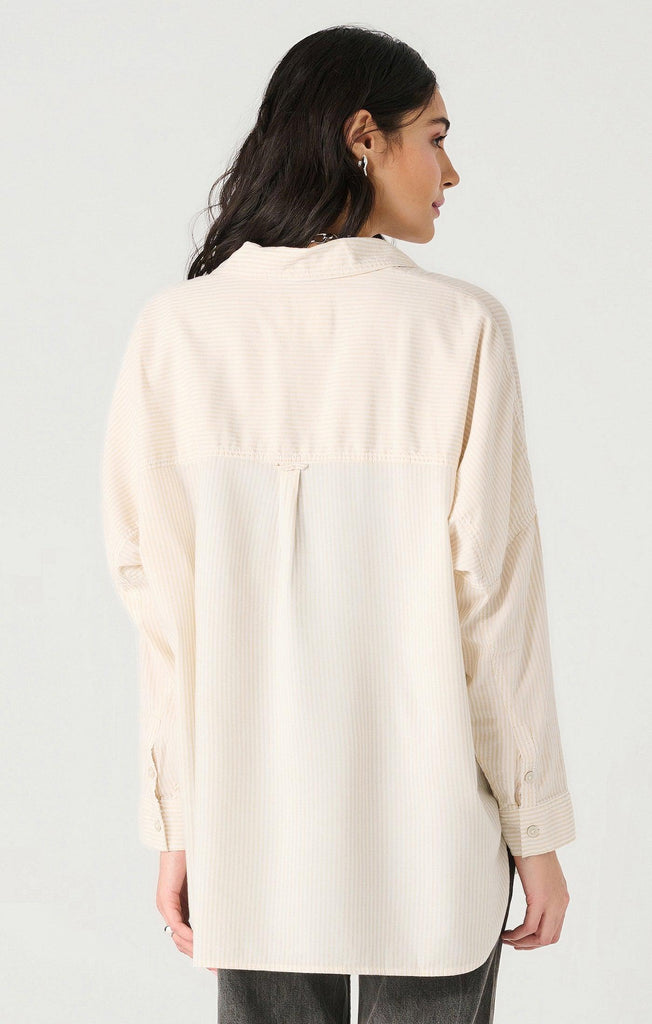 Dex Long Sleeved Oversized Button Front Shirt In Ivory/Beige Stripe-The Trendy Walrus