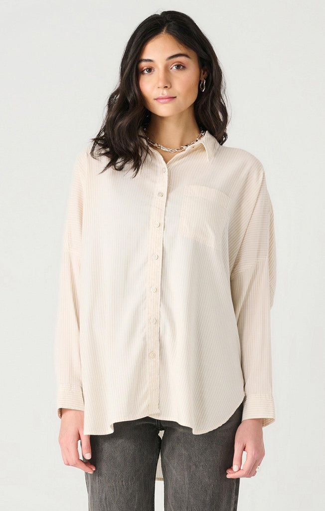 Dex Long Sleeved Oversized Button Front Shirt In Ivory/Beige Stripe-The Trendy Walrus