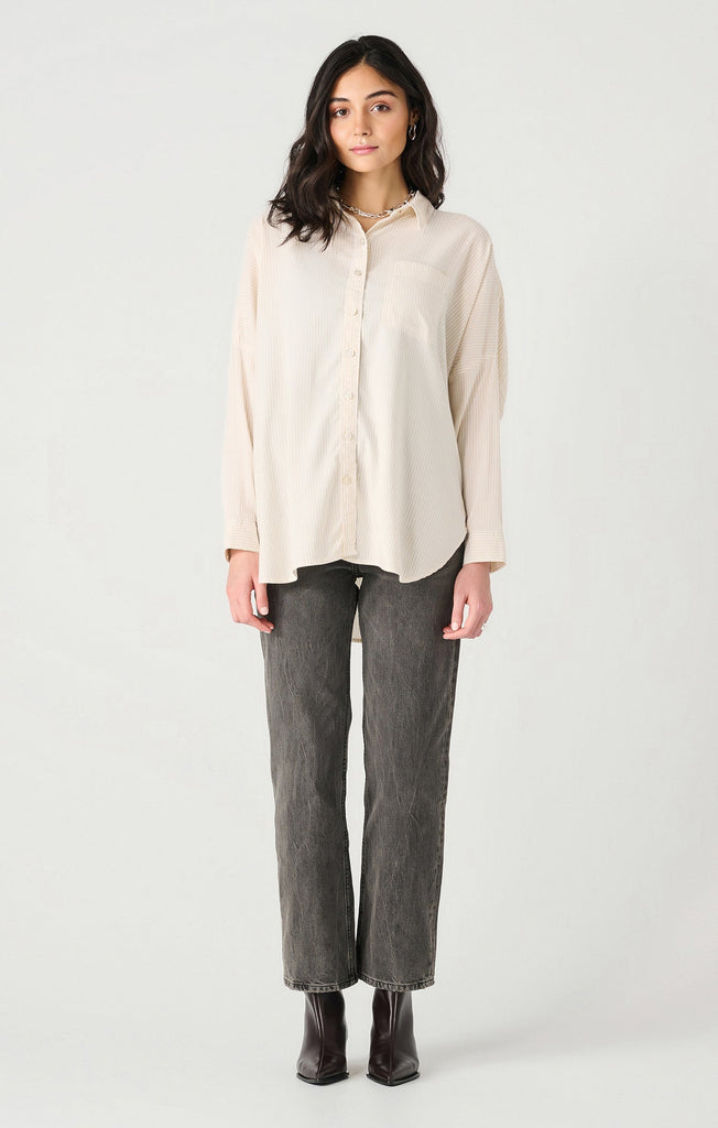 Dex Long Sleeved Oversized Button Front Shirt In Ivory/Beige Stripe-The Trendy Walrus