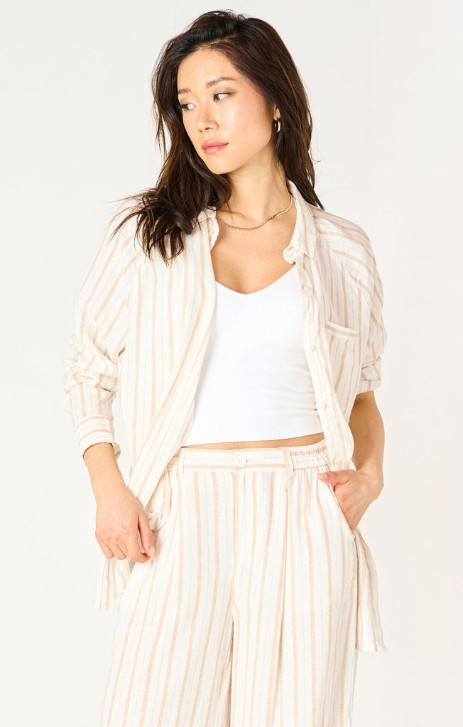 Dex Long Sleeveed Oversized Button Front Shirt In Neutral Stripe-The Trendy Walrus