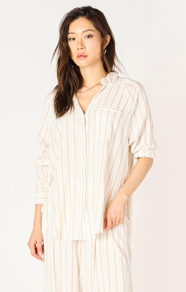 Dex Long Sleeveed Oversized Button Front Shirt In Neutral Stripe-The Trendy Walrus