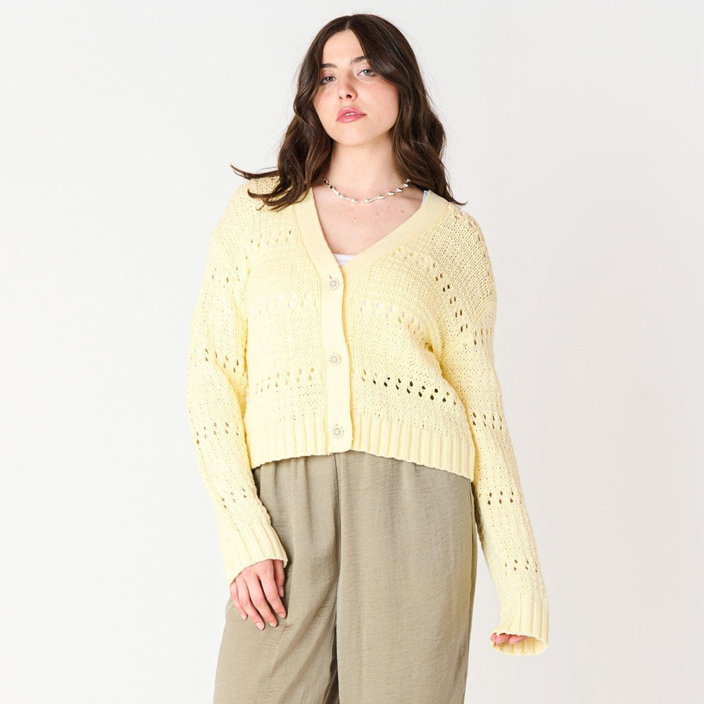 Dex Open Stitch Cropped Cardigan In Lemon-The Trendy Walrus