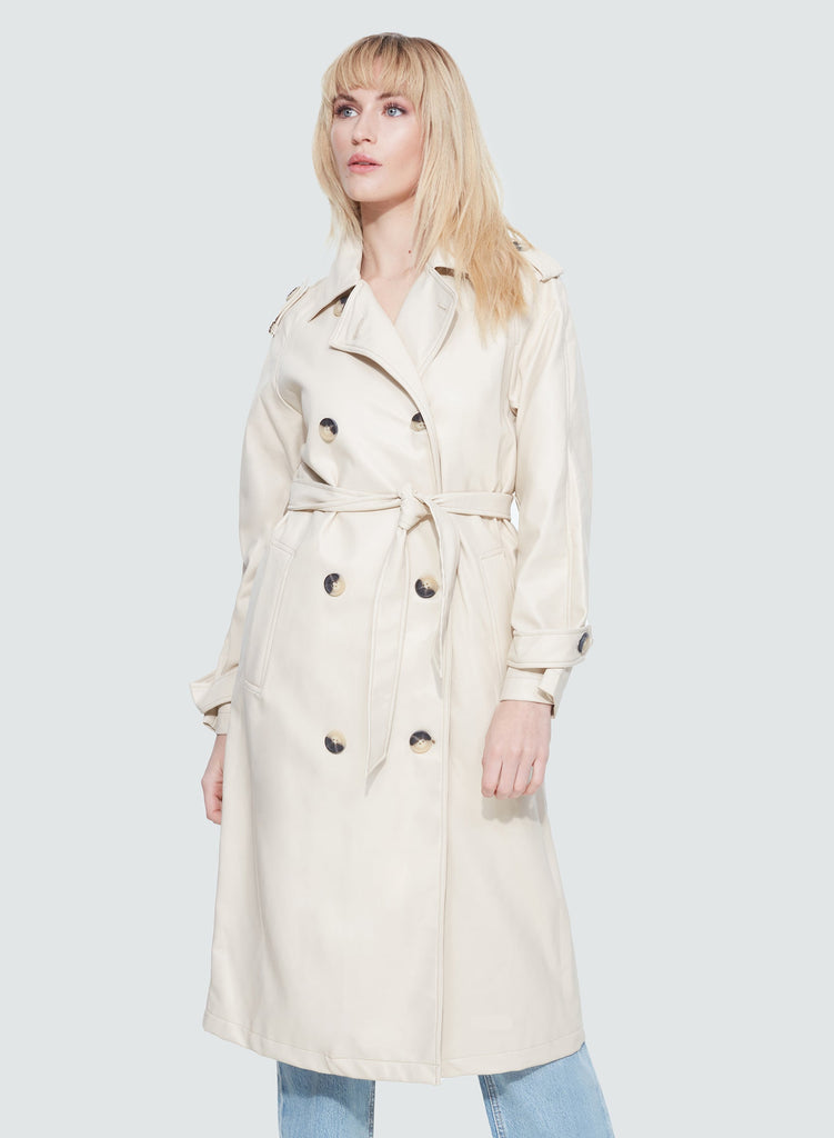 Dex PU Double Breasted Trench Coat In Med ECRU-The Trendy Walrus