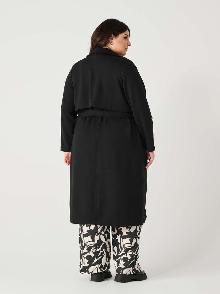 Dex Plus Double Breasted Knit Trench In Black-The Trendy Walrus