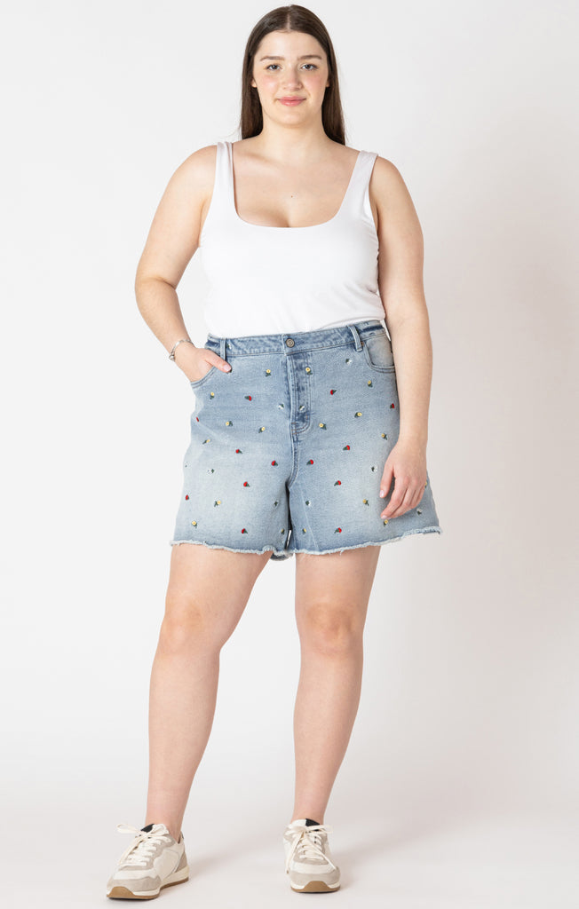Dex Plus Frayed Hem Embroidered Denim Shorts-The Trendy Walrus