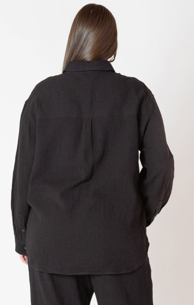 Dex Plus Long Sleeved Textured Button Up Blouse In Black-The Trendy Walrus