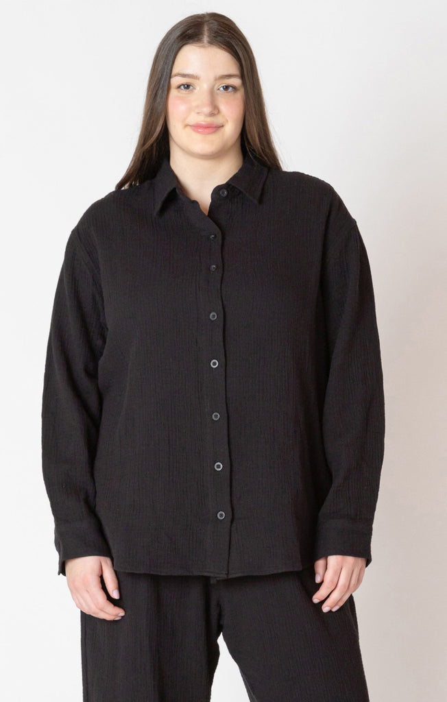 Dex Plus Long Sleeved Textured Button Up Blouse In Black-The Trendy Walrus