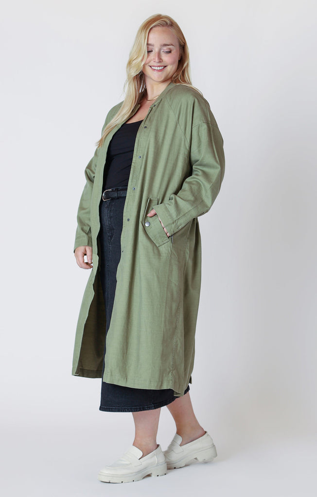 Dex Plus Longline Drapey Bomber Jacket In Washed Olive-The Trendy Walrus