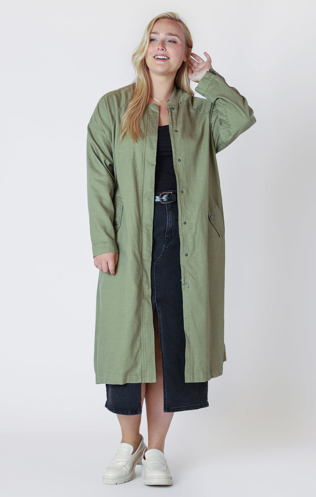 Dex Plus Longline Drapey Bomber Jacket In Washed Olive-The Trendy Walrus