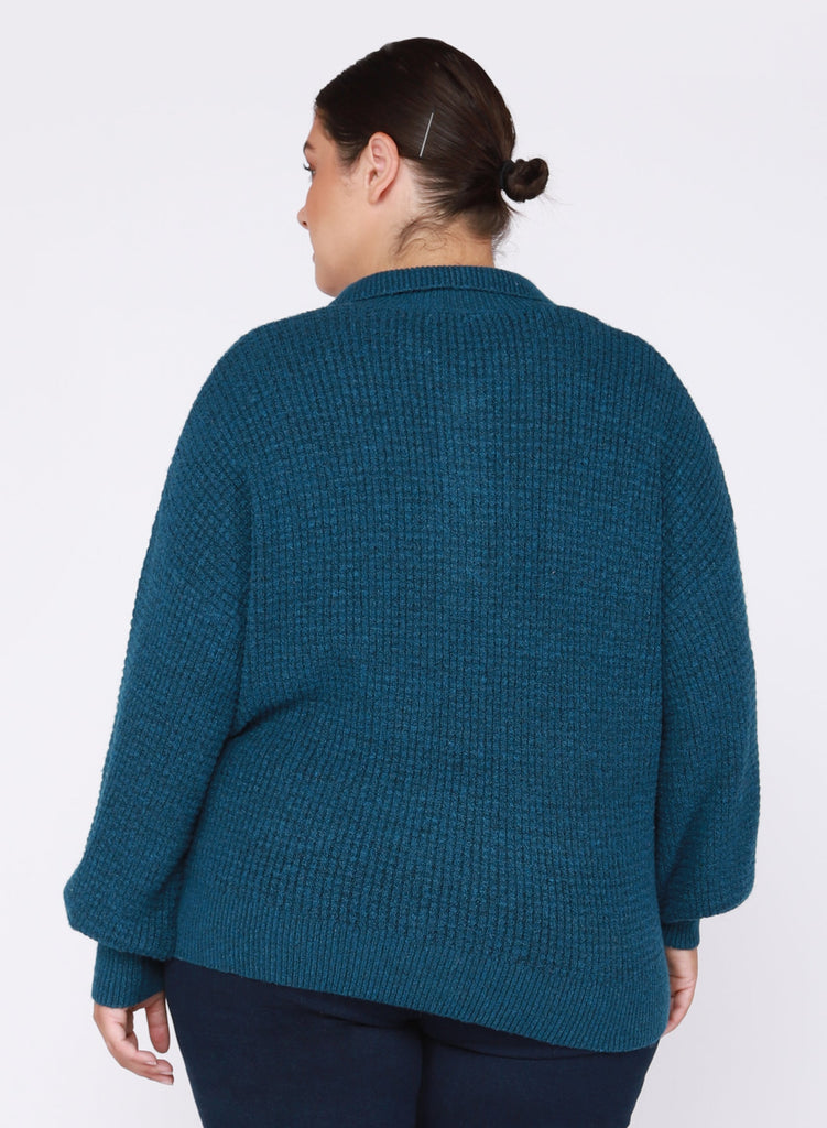Dex Plus Polo Front Sweater In Heather Teal-The Trendy Walrus