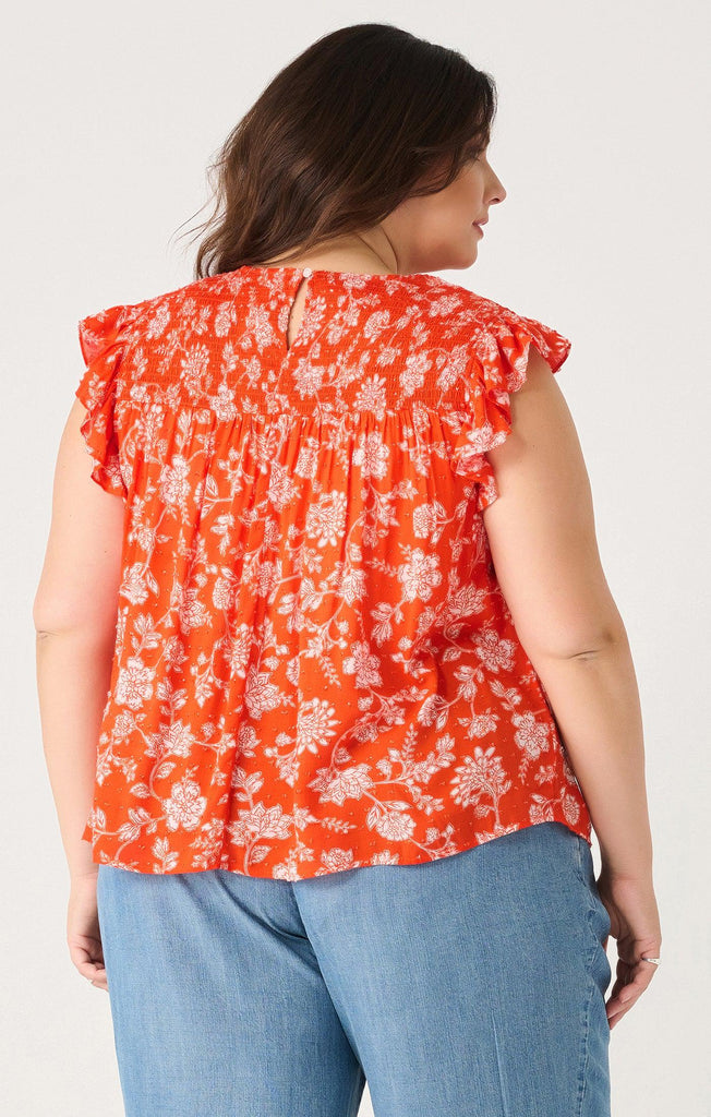 Dex Plus Printed Flutter Sleeve Top In Orange Cream Floral-The Trendy Walrus