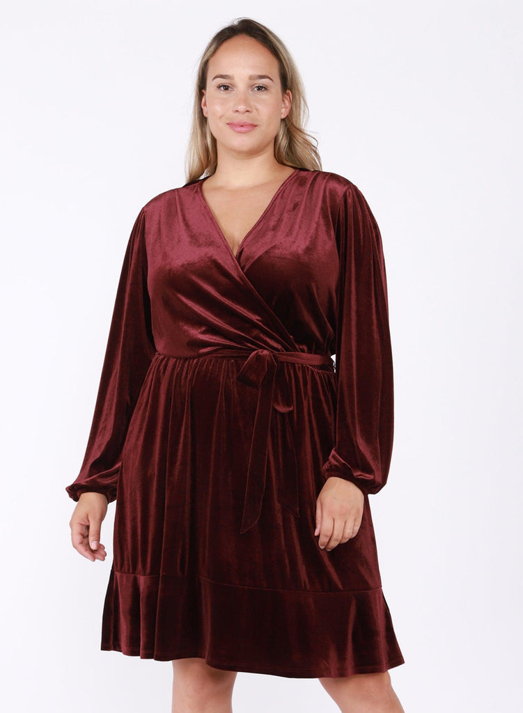 Dex Plus Ruffled Hem Velvet Wrap Dress In Velvet Wine-The Trendy Walrus
