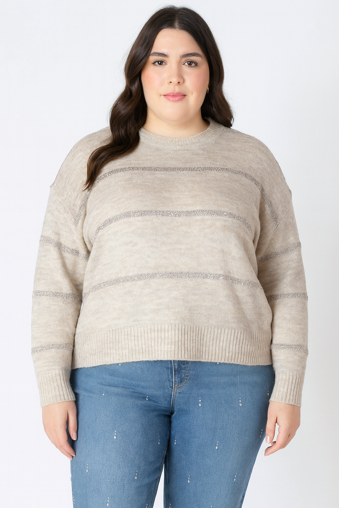 Dex Plus Sequin Stripe Sweater In Light Oat-The Trendy Walrus