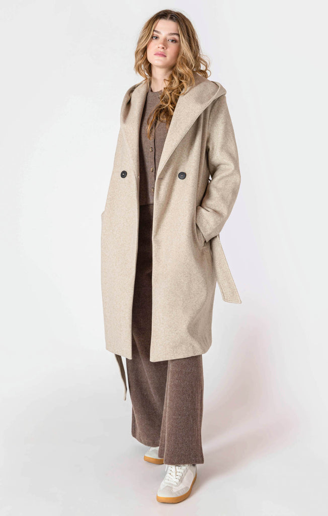 Dex Room 34 Belted Hooded Coat In Stone-The Trendy Walrus