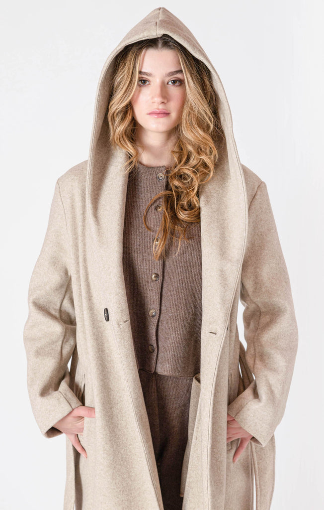 Dex Room 34 Belted Hooded Coat In Stone-The Trendy Walrus