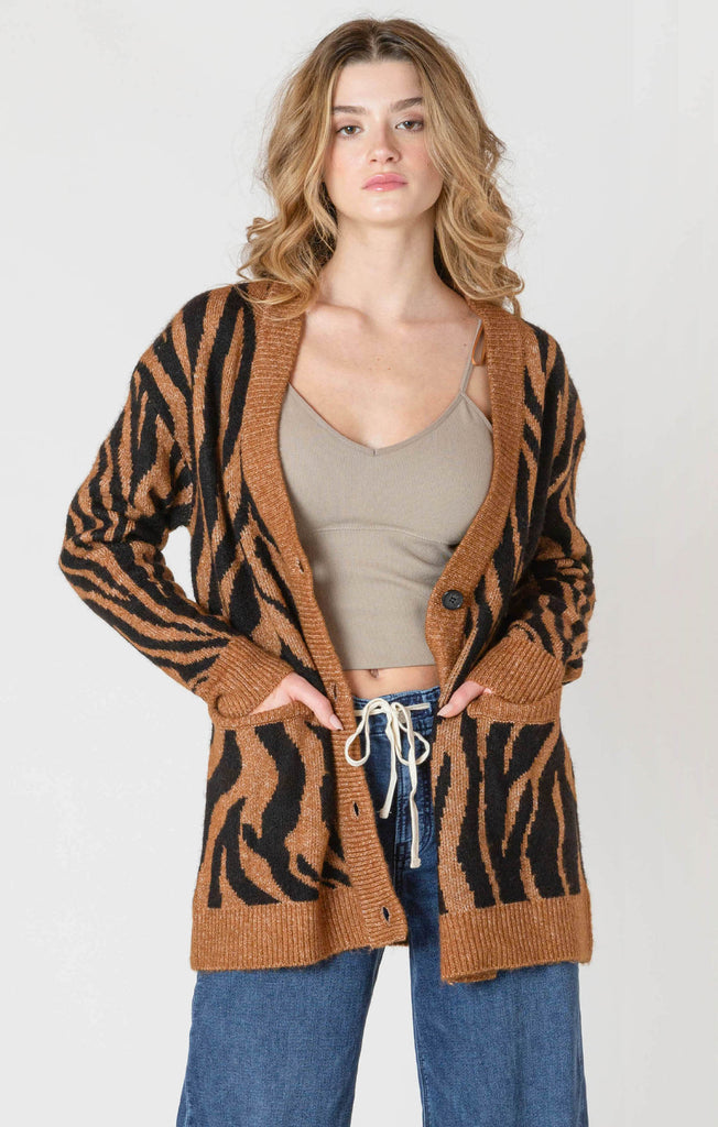Dex Room 34 Button Front Patterned Cardigan In Tiger-The Trendy Walrus