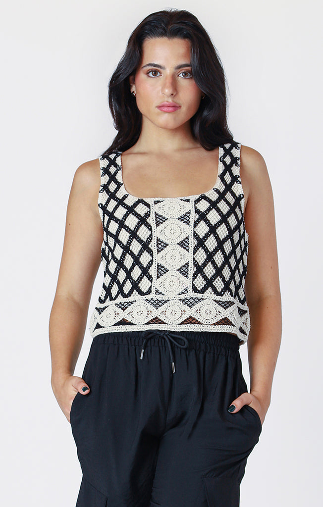 Dex Room 34 Crochet Knit Tank In Natural/Black-The Trendy Walrus